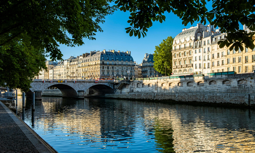 Classic Parisian buildings reflecting on the Seine River.
