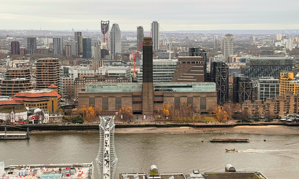Exterior view of Tate Modern in London, a converted power station now serving as a contemporary art museum on the River Thames.
