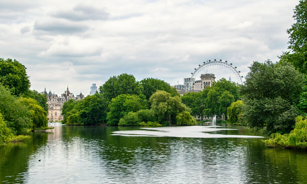 Scenic view of St James’s Park in London, featuring tree-lined paths, a central lake, and green lawns.