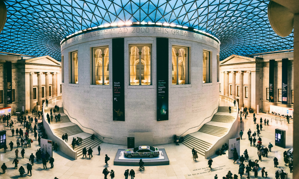 The British Museum’s Great Court in London, showcasing its grand neoclassical façade and entrance.