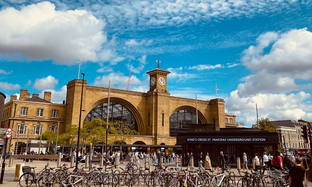 Exterior view of King’s Cross railway station in London.