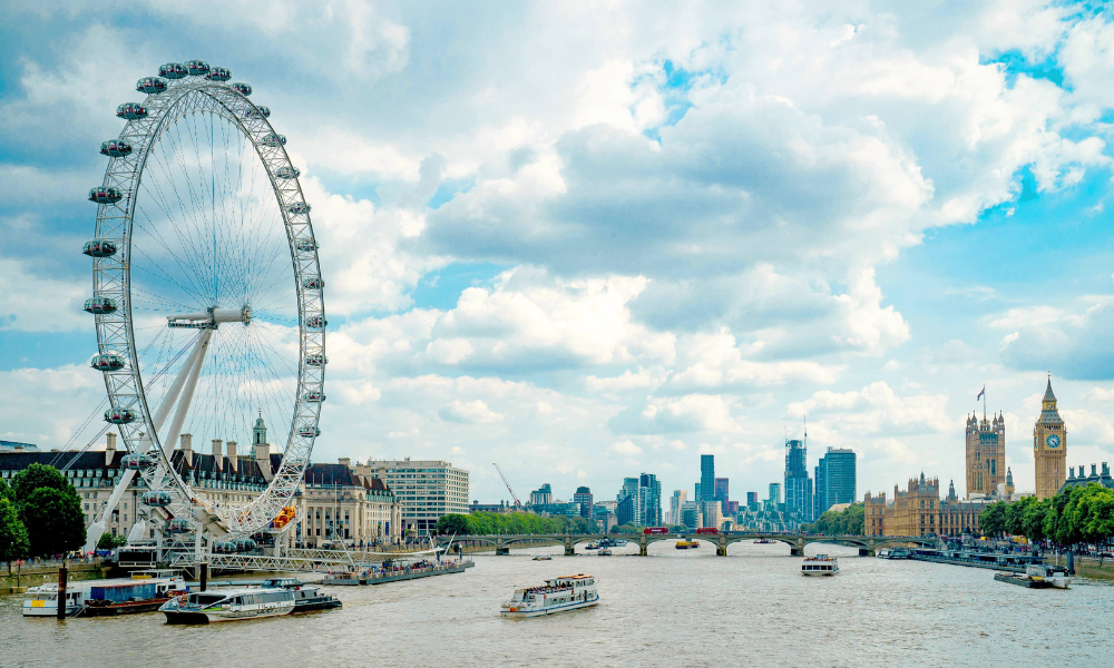 View of the London Eye on the River Thames with Big Ben and the Westminster skyline in the background.