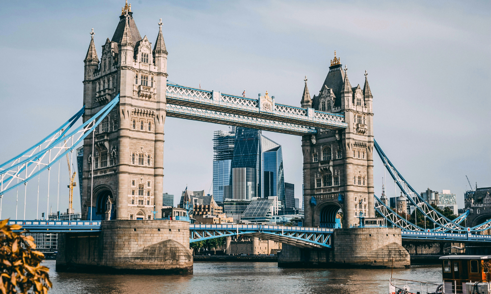 Tower Bridge, a famous bascule and suspension bridge over the River Thames in London, England.